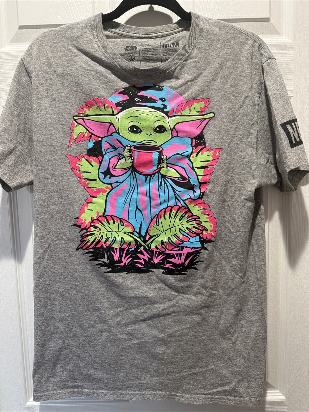 Neff Gray Tee with Neon Green, Pink & Blue Baby Yoda Graphic